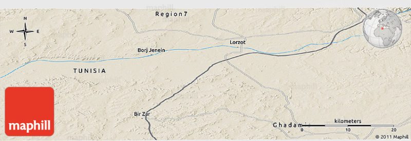 Shaded relief panoramic map of 31° 39' 38" N, 10° 16' 30" E.