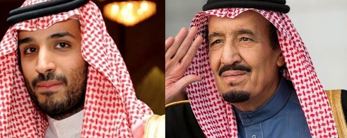 A droite : Salmane Ben Abdelaziz Al Saoud, roi de l'Arabie Saoudite. A gauche : Mohamed Ben Salmane Al Saoud, prince hériter vice-premier ministre de l'Arabie Saoudite